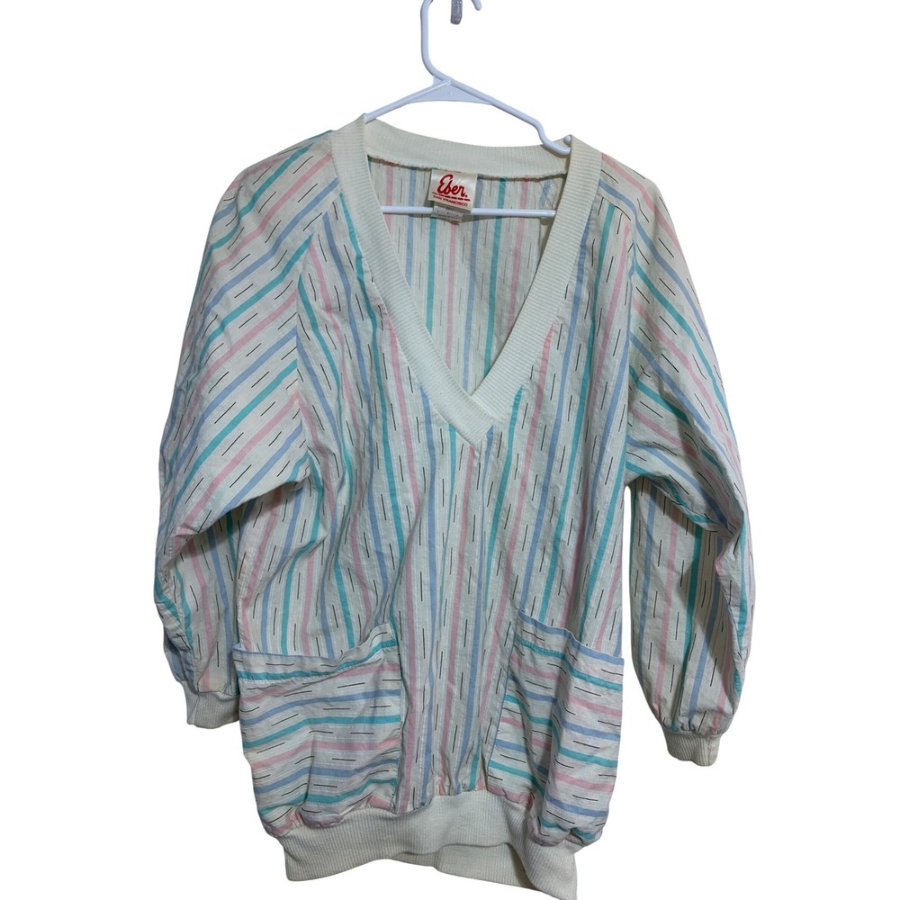 Eber San Francisco Pullover Top Vintage Pastel Striped V-Neck Pockets Medium 80s